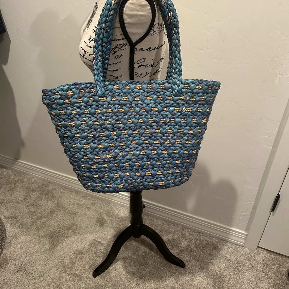 Stylish Blue and Tan Woven Tote Bag